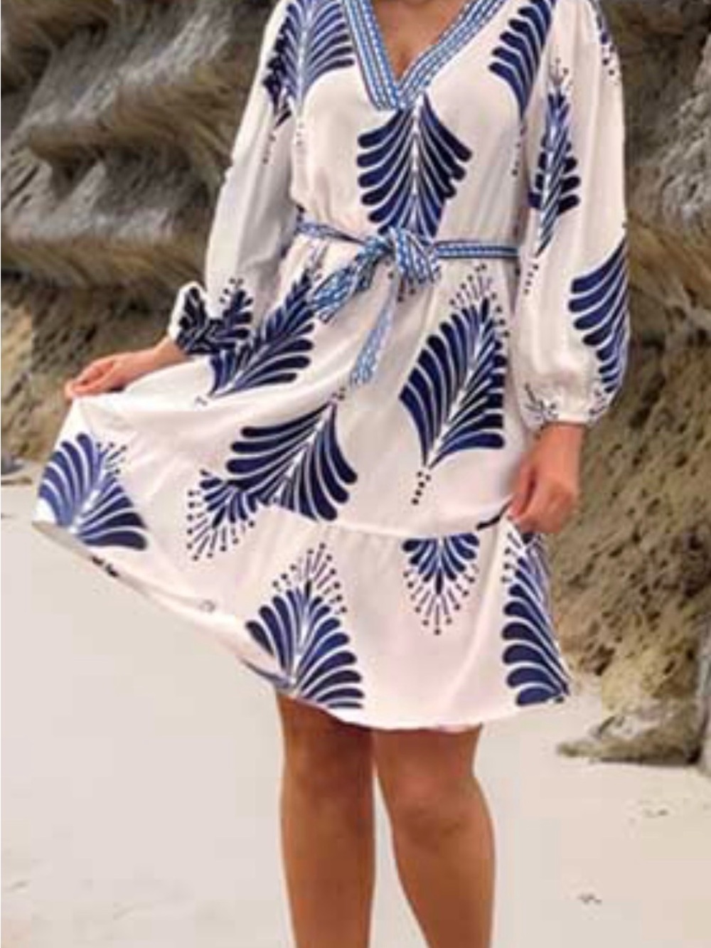 Mlle Gabrielle White Dress with Navy Fan Print